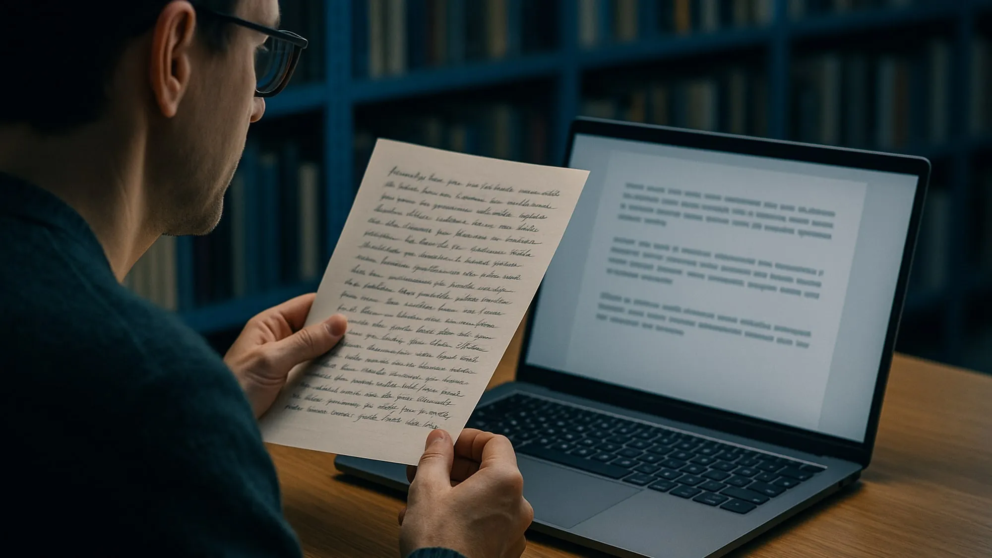 Une personne compare une feuille manuscrite avec un texte affiché sur un ordinateur portable